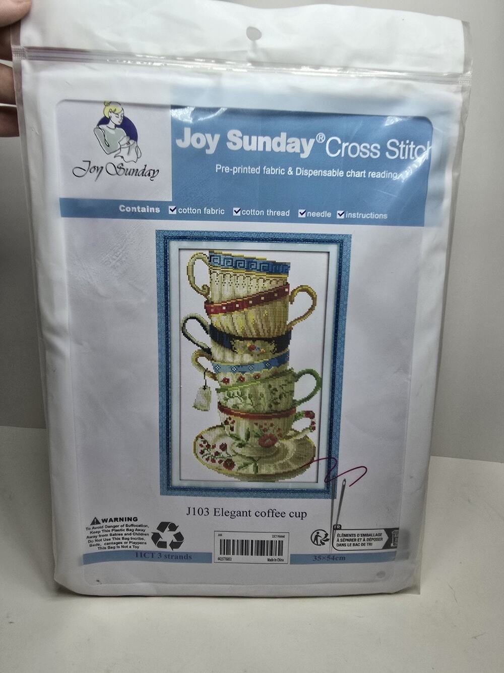 Cross stitch kit, Joy Sunday, "Elegant Coffee Cups" Pre-printed, 11 ct, 35x54cm